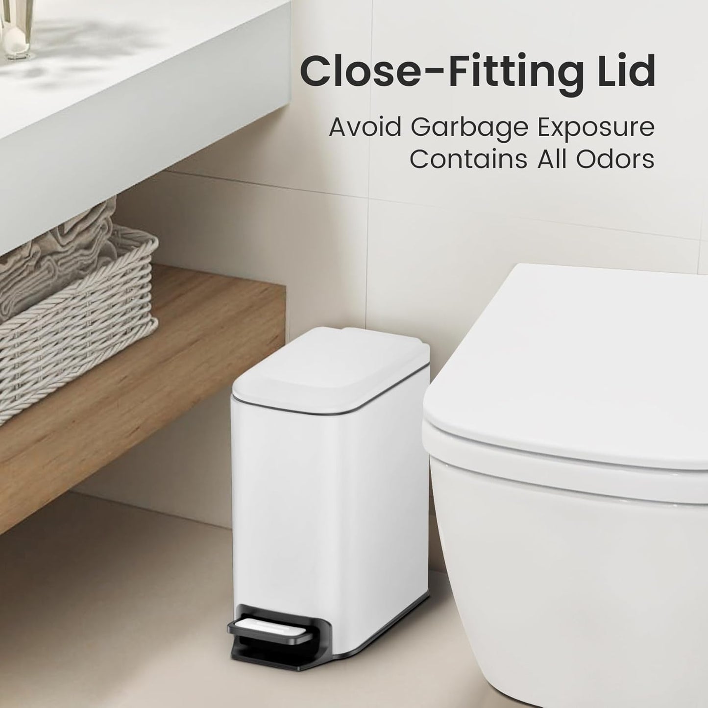 Cesun Small Bathroom Trash Can with Lid Soft Close, Step Pedal, 6 Liter / 1.6 Gallon Stainless Steel Slim Garbage Can for Bedroom, Diaper Waste Basket with Removable Inner Bucket (White)