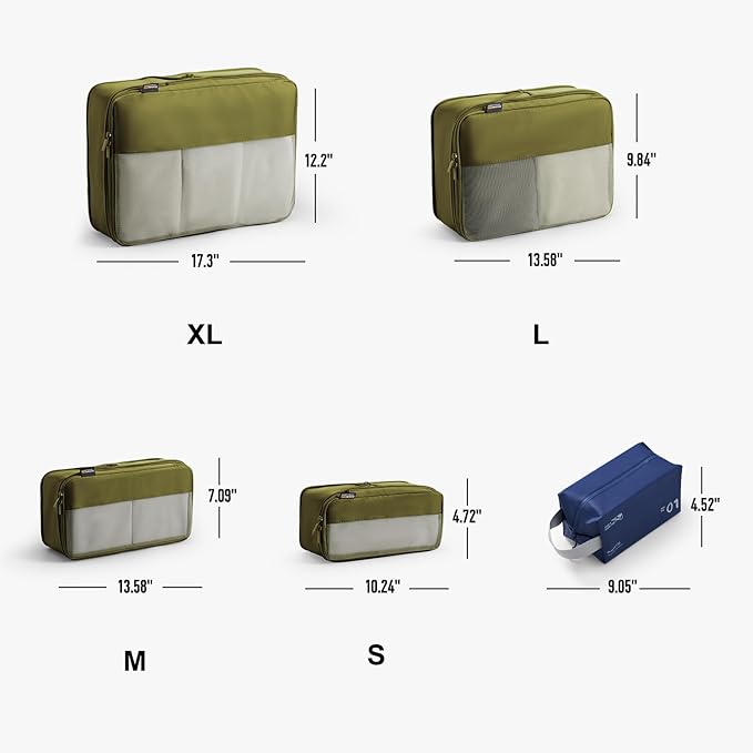 Compression Travel Packing Cubes, 6 Set Expandable Luggage Organizer Bags, Durable Travel Accessories for Suitcases, Backpacks, and Carry-Ons (Army Green)