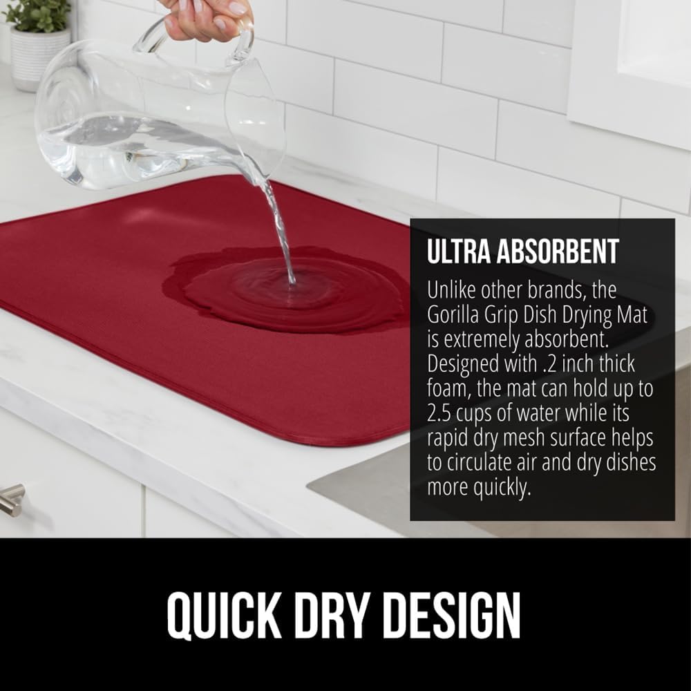 GORILLA GRIP Ultra Water Absorbent Microfiber Dish Drying Mat, Quick Dry Thick Mesh, Slip Resistant Pad for Sink Dishes or Under Rack, Kitchen Counter Accessories, 16x18, Machine Wash, 2 Pack Red