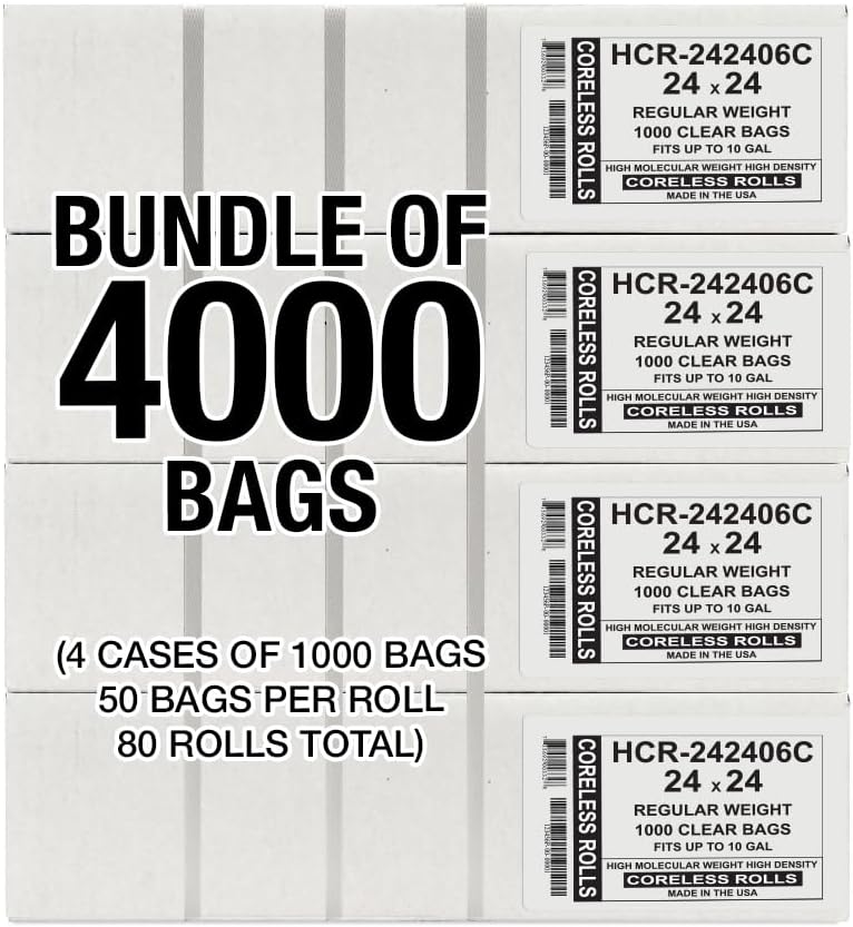 Aluf Plastics High Density Trash Bags, 10 Gallon, 4000 Count, 6 Micron (eq), 24" x 24", Clear, for Bathroom, Office, Industrial, Commercial, Janitorial, Municipal, Recycling