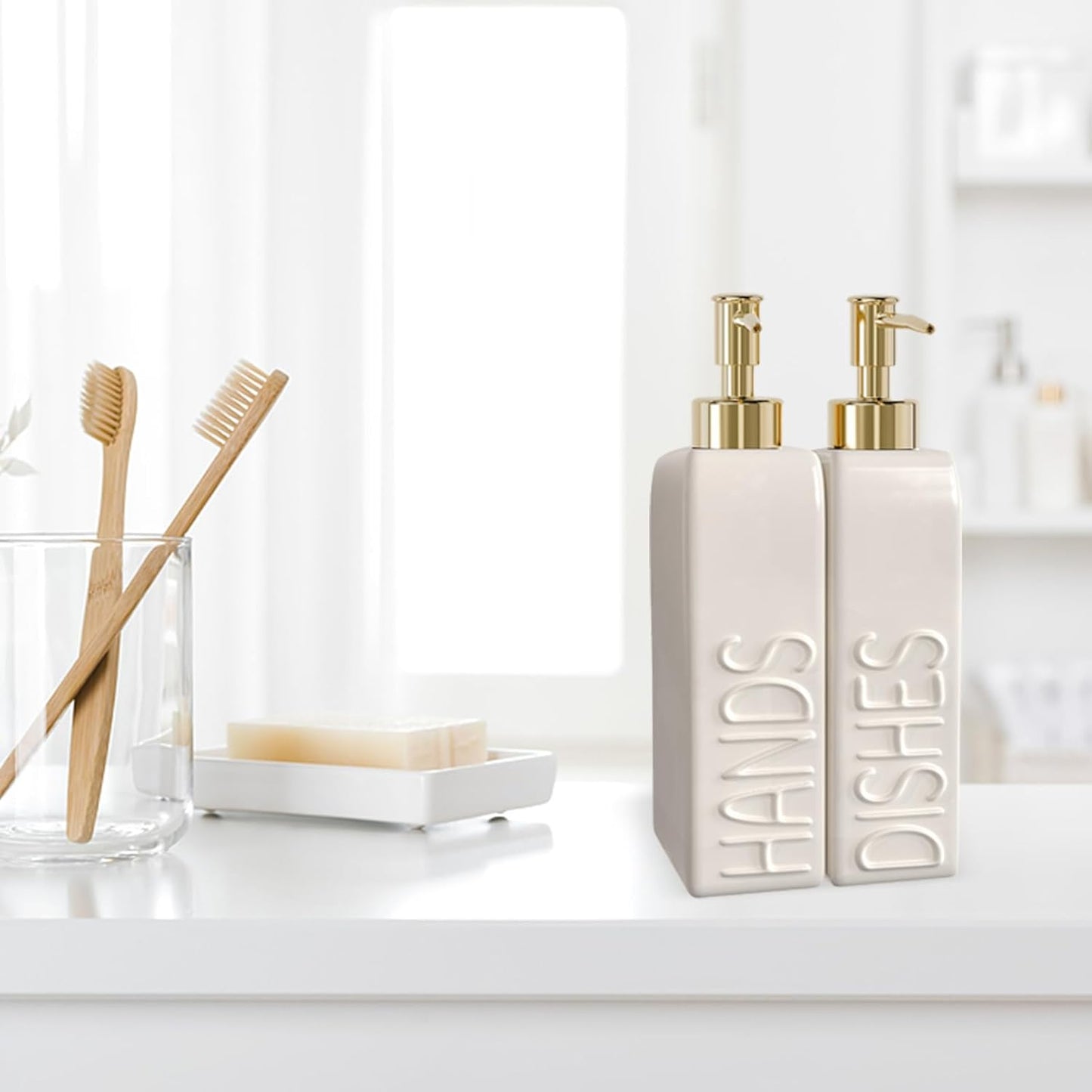 Soap Dispenser Set with Gold Stainless Steel Pump and a Funnel, 2 Pack Modern Ceramic Refillable Hand and Dish Soap Dispenser for Kitchen, Bathroom, Matte White