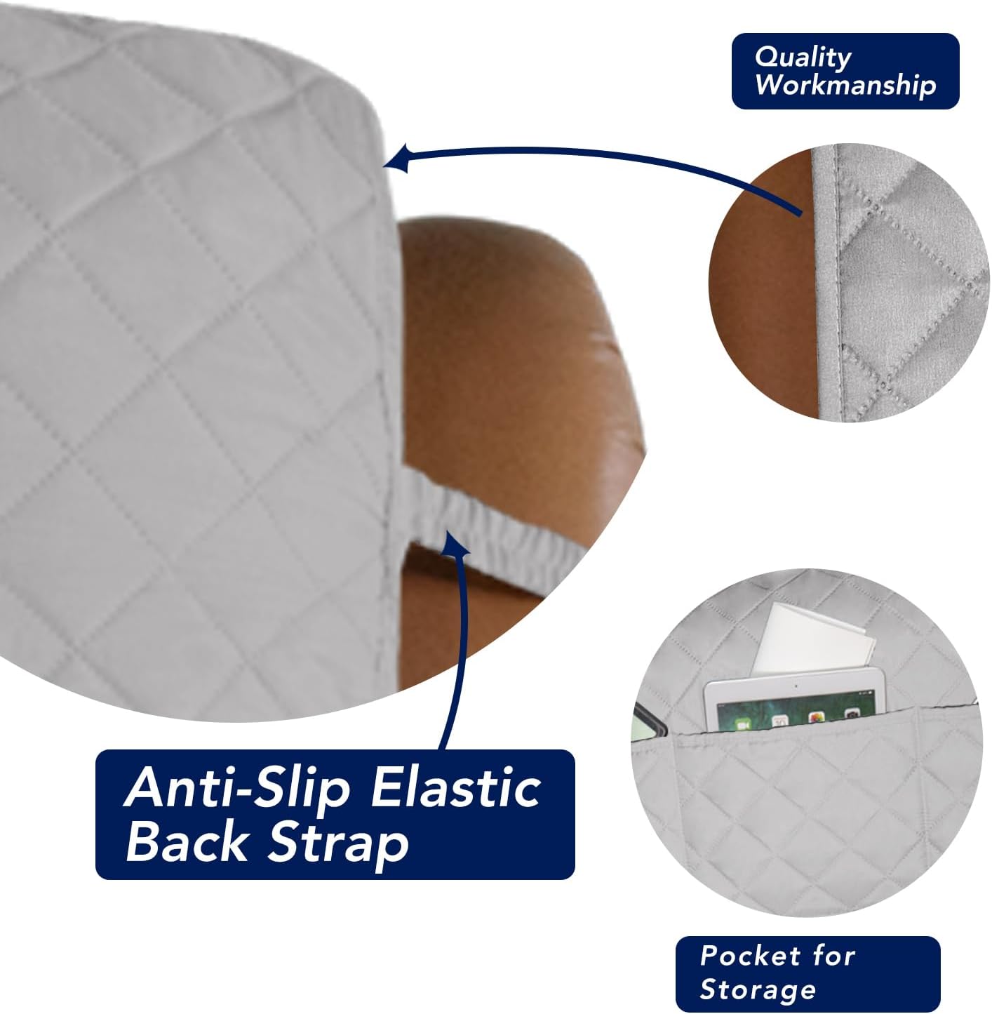 PureFit Reversible Quilted Sofa Cover, Water Resistant Slipcover Furniture Protector, Washable Couch Cover with Non Slip and Elastic Straps for Kids, Dogs (Oversized Recliner, Light Gray/Light Gray)