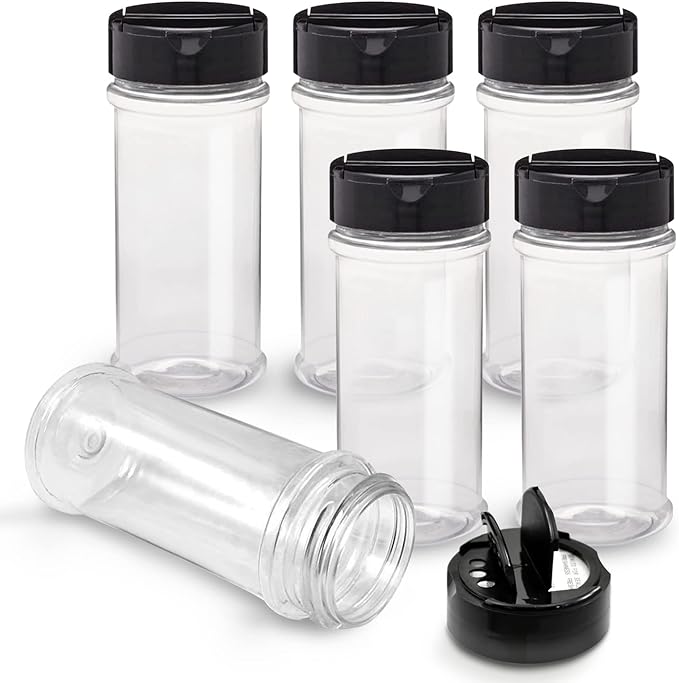 RoyalHouse 6 Pack 5.5 Oz Plastic Spice Jars with Black Cap, Clear and Safe Plastic Bottle Containers with Shaker Lids for Storing Spice, Herbs and Seasoning Powders, BPA Free, Made in USA