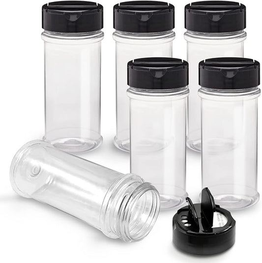 RoyalHouse 6 Pack 5.5 Oz Plastic Spice Jars with Black Cap, Clear and Safe Plastic Bottle Containers with Shaker Lids for Storing Spice, Herbs and Seasoning Powders, BPA Free, Made in USA