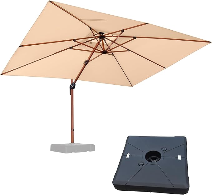 PURPLE LEAF 9' X 12' Double Top Deluxe Wood Pattern Rectangle Patio Umbrella with Base Offset Hanging Umbrella Outdoor Market Umbrella Garden Umbrella, Beige