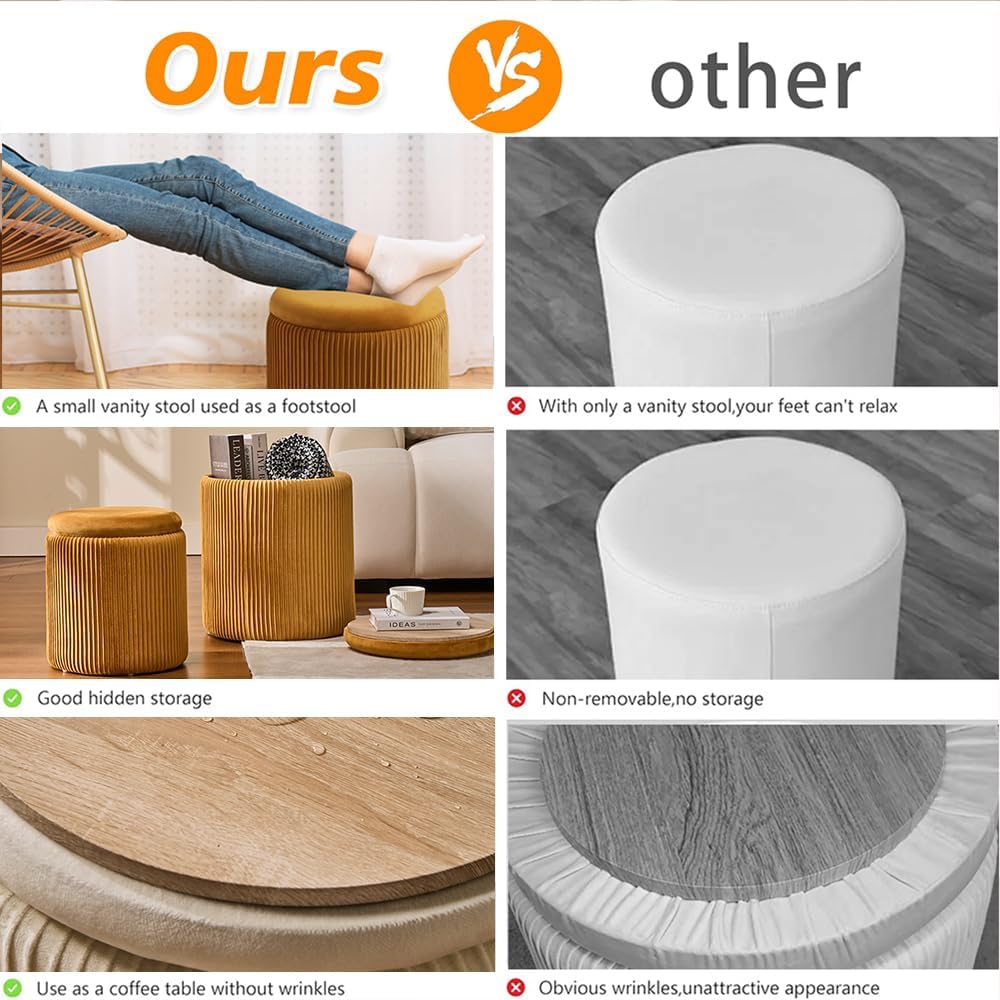 Round Set of 2 Ottoman with Storage-Upholstered Velvet Vanity Stool for Makeup Multifunctional Ottomans Coffee Table Padded Seat Foot Rest for Living Room&Bedroom (Yellow)