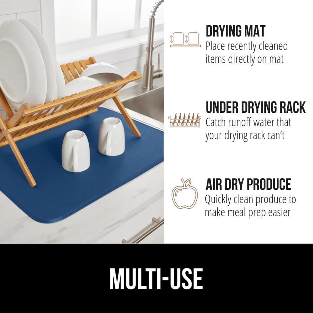 GORILLA GRIP Ultra Water Absorbent Microfiber Dish Drying Mat, 18x24, Quick Dry Thick Mesh, Slip Resistant Pad for Sink Dishes or Under Rack, Kitchen Counter Accessories, Machine Wash, 2 Pack Blue