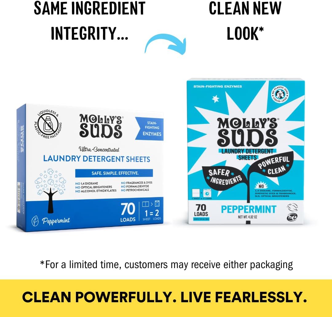 Molly’s Suds Laundry Detergent Sheets | Gentle on Sensitive Skin, Powerful Bio-Based Enzymes, Stain-Fighting | Liquidless & Plastic-Free Packaging | 70 Loads (Peppermint)