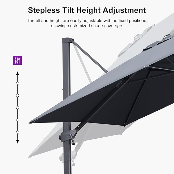 PURPLE LEAF 10' × 10' Patio Cantilever Umbrella with Base Outdoor Square Adjustable Offset Umbrellas with 360-degree Rotation and 8 Heavy Duty Metal Ribs for Garden Deck Pool Grey