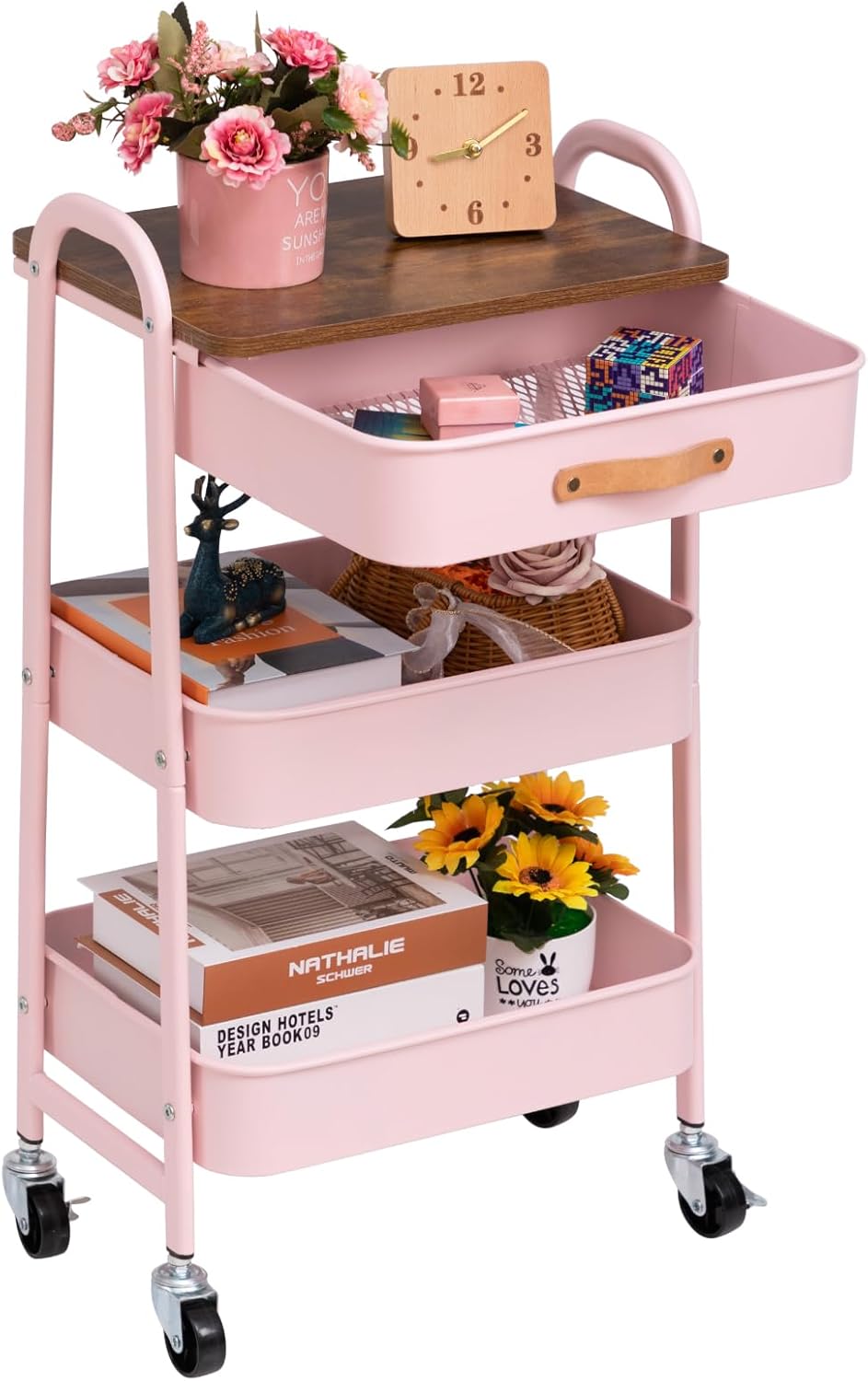AGTEK Makeup Organizer Cart with Drawer, 3-Tier Metal Utility Cart with Hanging Cups, Leather Handle, Mobile Trolley for Home & Office, Pink