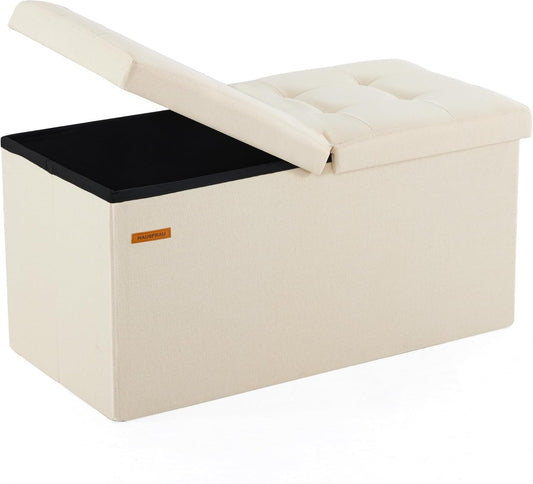 HAUSFRAU - 30 Inches Storage Ottoman Bench with Flipping Lid, Foldable Storage Chest Foot Rest for Living Room, Bedroom, Entryway, Load 660 lb, Linen Beige