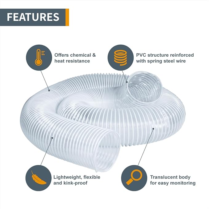 POWERTEC 4" x 10' Flexible PVC Dust Collection Hose with 2pcs Stainless Steel Key Hose Clamps for Table Saw, Band Saw, Planer, Jointer, Woodworking and Garage, WoodShop Dust Collection System (70242)