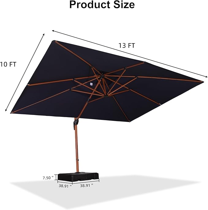PURPLE LEAF 10' X 13' Double Top Deluxe Wood Pattern Rectangle Patio Umbrella with Base Offset Hanging Umbrella Outdoor Market Umbrella Garden Umbrella, Navy Blue
