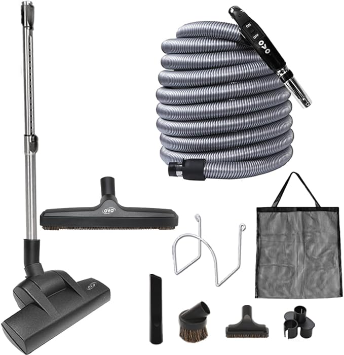 OVO Central Vacuum Deluxe Plus Kit, 35ft ON/Off Low-Voltage Hose, Air Driven Carpet Beater, 12’’ Premium Floor Brush, Cleaning Tools and Easy Storage Accessories