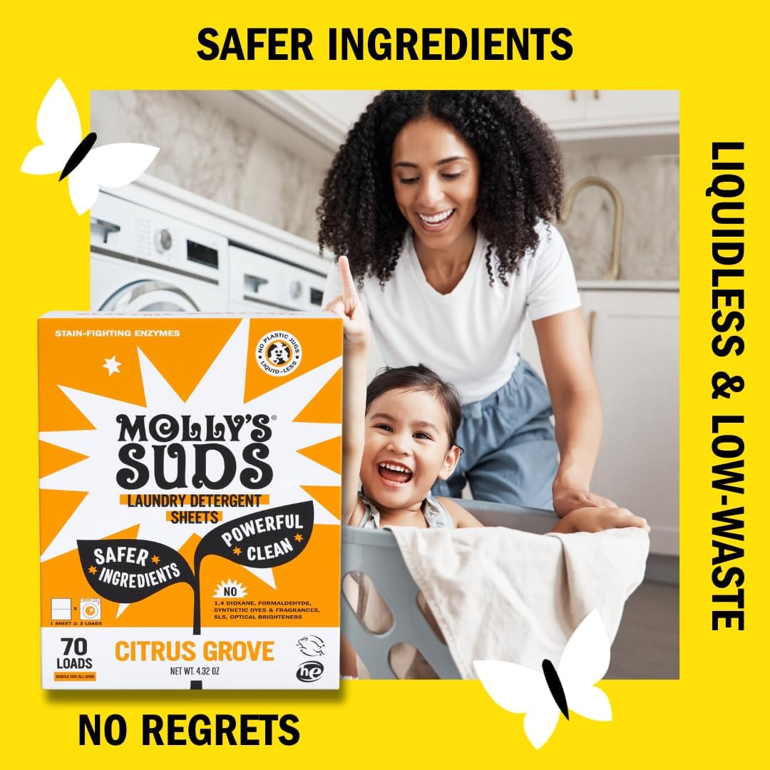 Molly’s Suds Laundry Detergent Sheets | Gentle on Sensitive Skin, Powerful Bio-Based Enzymes, Stain-Fighting | Liquidless & Plastic-Free Packaging | 120 Loads (Citrus Grove)