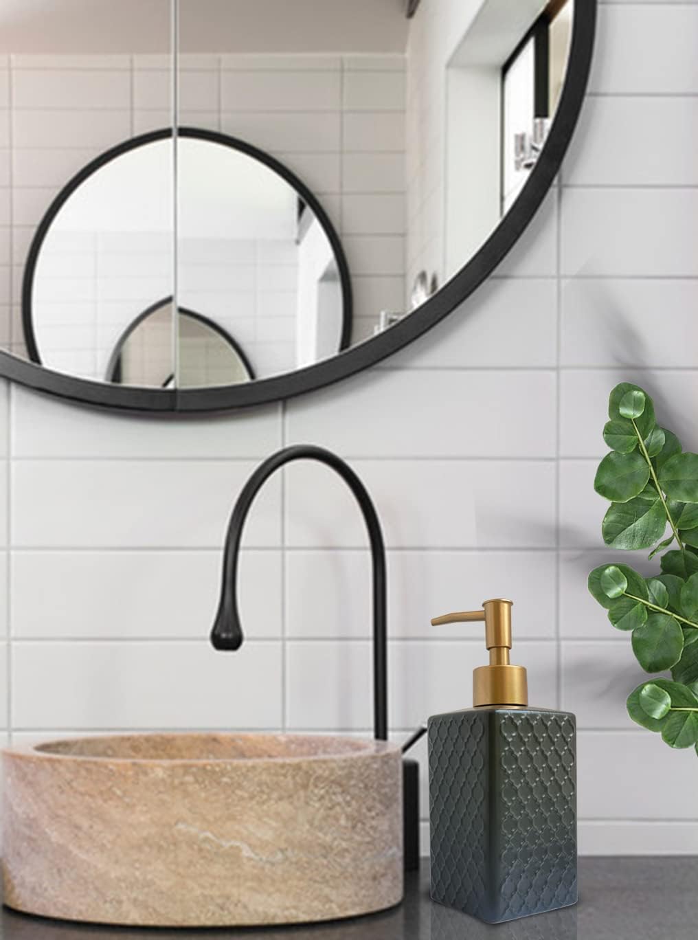 Gold Soap Dispenser for Bathroom,Retro Black Square Lotion Dispenser, Refillable Countertop Ceramic Hand Soap Dispenser,Dish Soap Dispenser for Kitchen 350ml