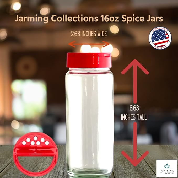 JARMING COLLECTIONS Glass Spice Jars with Shaker Lids - Spice Jars 16 oz for Food Storage, Spice Containers for Kitchen Organization, Organizing Bottles for Spices (Red - Set of 3)