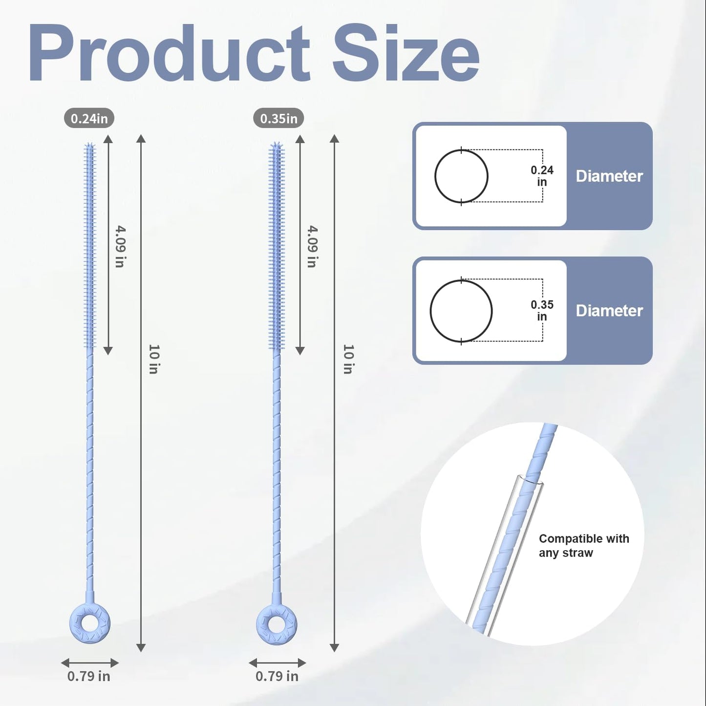 YOTIME Silicone Straw Cleaner Brush, 2 Pcs Reusable Straw Brush(6mm+9mm) for Cleaning Narrow & Wide Straws, Tumblers, Blue