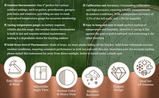 6" Outdoor Thermometer for Greenhouse, Garage and Patio. Weatherproof & Decorative Outside Temperature Gauge for Window, Antique Copper with Humidity (Easy-Read Brass Swivel Design)