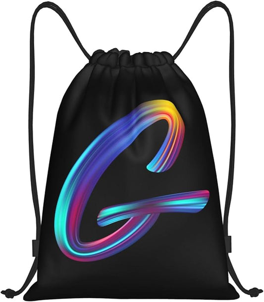 Drawstring Bags Initial Drawstring Backpack Sackpack Black Draw String Cinch Bags for Sports, Gym, Travel, Swimming, Beach, Camping, Rainbow Letter G
