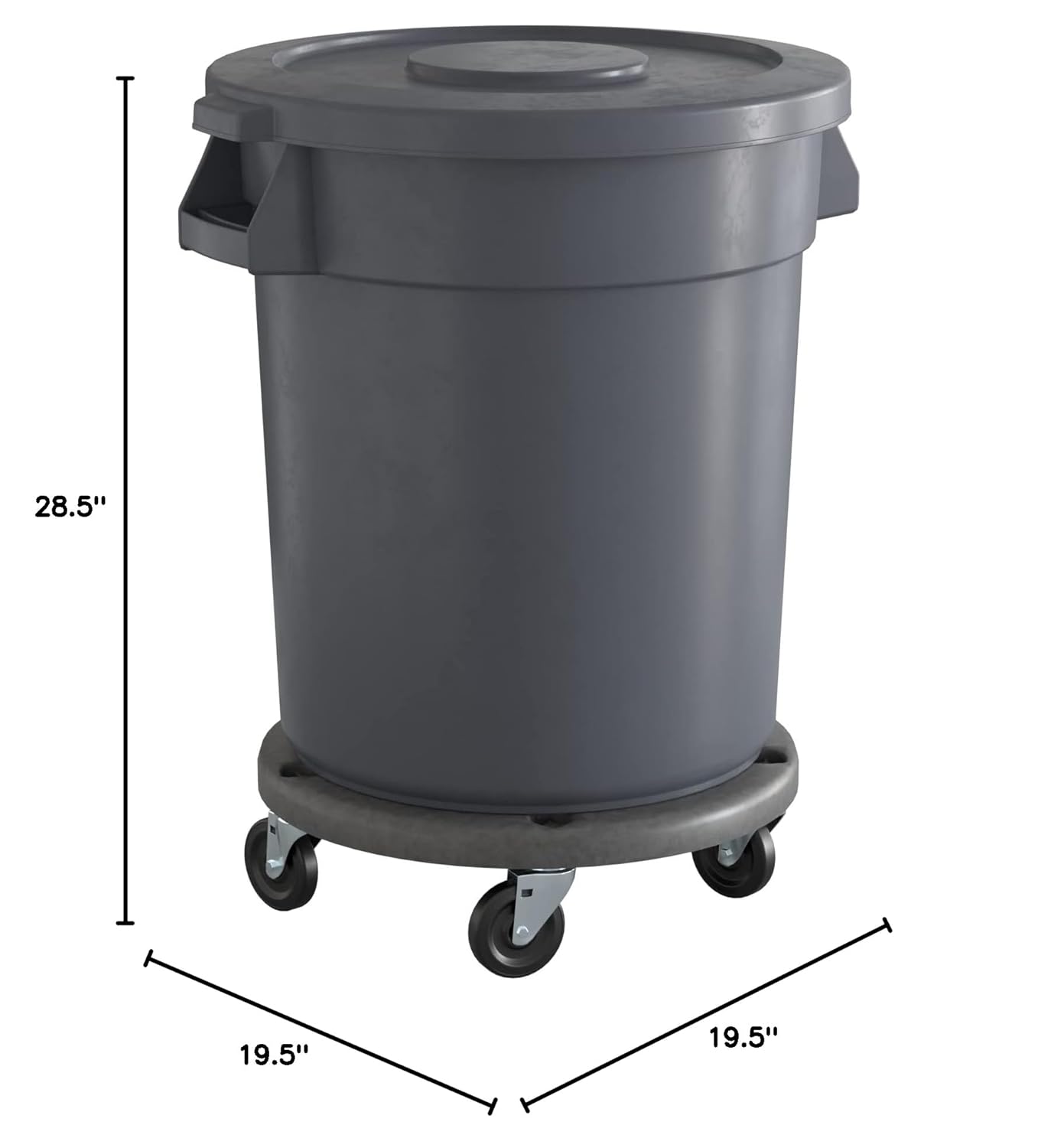 20 Gallon Gray Round Commercial Trash Can with Lid and Dolly