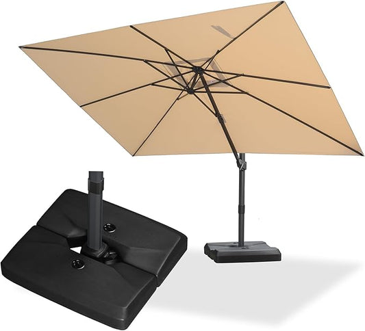PURPLE LEAF 9' × 11.5' Patio Cantilever Umbrella with Base Outdoor Rectangle Adjustable Offset Umbrellas with 360-degree Rotation and 8 Heavy Duty Metal Ribs for Garden Deck Pool Beige