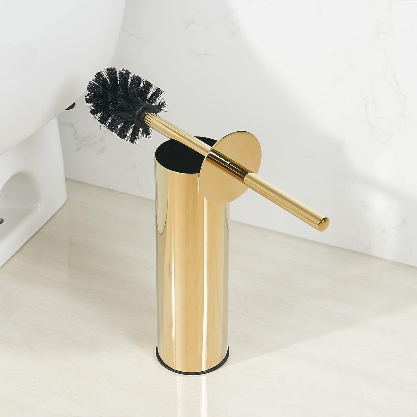 Toilet Brush and Holder Set Gold Stainless Steel, 304 Heavy Duty Round Toilet Brush Set – Rust Resistant, Long Handle, Replacement Heads, Floor Standing Bathroom Toilet Cleaning Brush