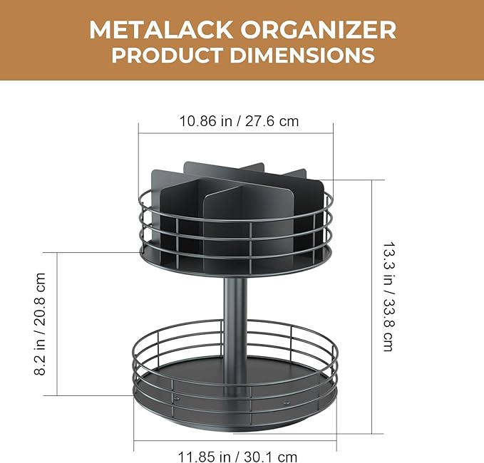 Snack Organizer - Versatile Snack Storage 2 Tier Lazy Susan with Convenient Grab-and-Go Design, Metal Snack Holder for Home, Office, Breakroom, 11.85" L x 11.85" W x 13.3" H (Matte Black)