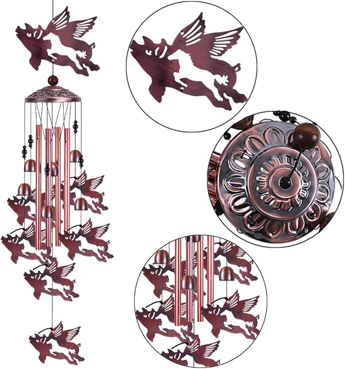 Outdoor Flying Pig Wind Chimes Indoor Decor - Hand-Made Mobile Romantic Wind Catcher, 37" Pigs Wind Chime for Home, Balcony, Patio, Garden Decoration, Gift for Mom, (4 Tubes, 6 Bells, 7 Flying Pigs)