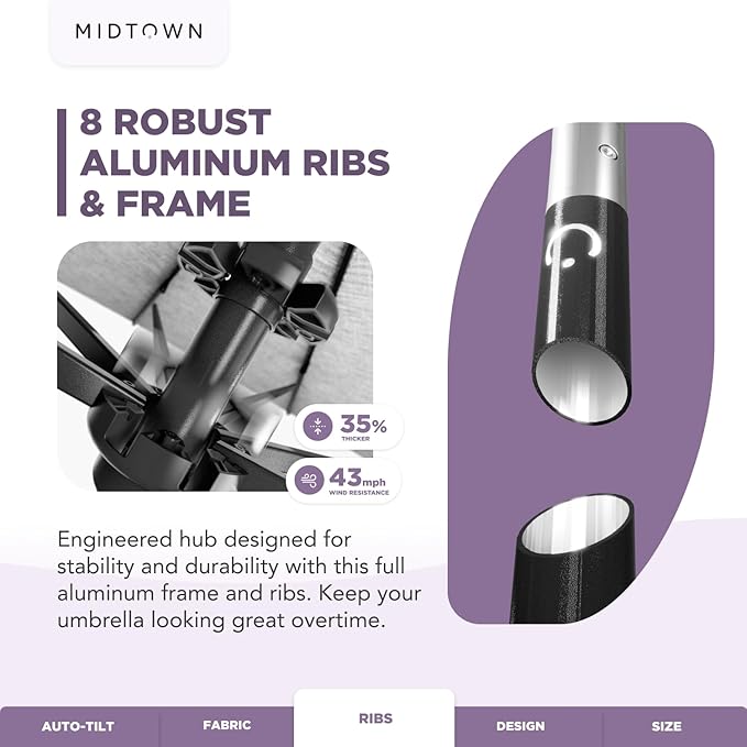 Midtown Umbrellas Sunbrella Umbrella 9 Feet Outdoor Umbrella With Sunbrella Bay Brown Acrylic Fabric - Auto-Tilt Aluminum Frame Patio Umbrella For Backyard, Deck, Garden, Pool - Black Pole