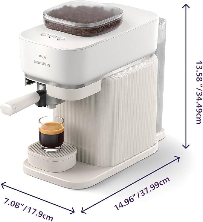 Philips Baristina Espresso Machine, Grind, Tamp & Brew Coffee Beans in One Swipe, Compact, 16 Bar Pump Pressure, Automatic Grinder, Natural White with White Portafilter (BAR300/00)