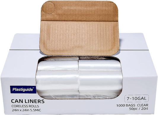 7-10 Gallon Clear Trash Can Liners, 24'' x 24'', Wholesale 1000 Count, High Density Garbage Bags for Office, Bathroom, Commercial and Industrial Use