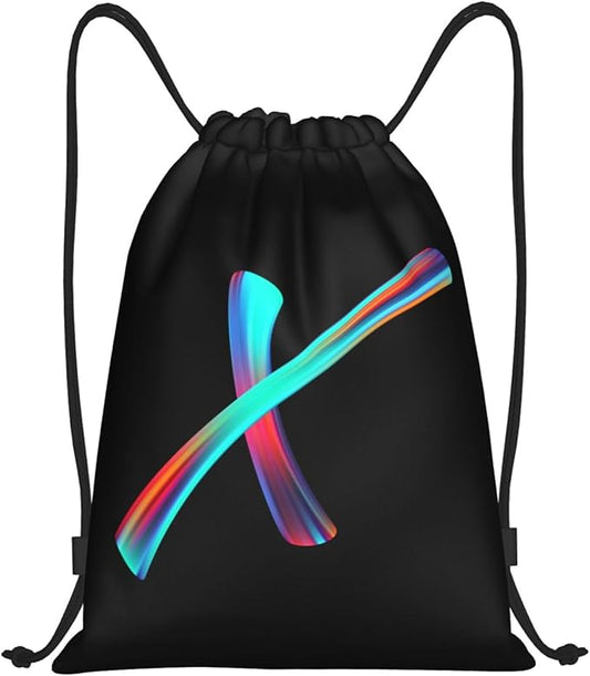 Drawstring Bags Initial Drawstring Backpack Sackpack Black Draw String Cinch Bags for Sports, Gym, Travel, Swimming, Beach, Camping, Rainbow Letter X