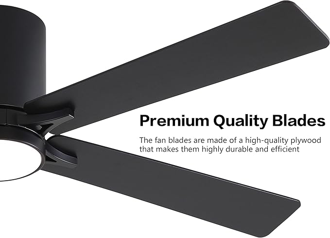 WINGBO 52" DC Flush Mount Ceiling Fan with Lights, 6-Speed Reversible DC Motor, 3CCT, Low Profile Hugger Ceiling Fan for Living Room Bedroom Kitchen, Black Finish and Black/Walnut Blades