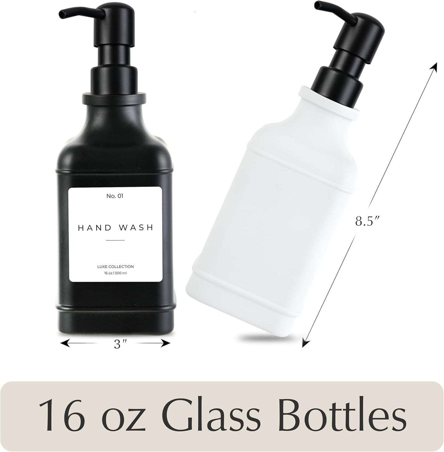 Emerson Essentials Soap Dispenser, Dish Soap Bottle Dispenser, Farmhouse Hand Soap Dispenser, Kitchen Soap Dispenser Set - Glass Soap Dispenser with Pump and Labels, 16 Oz, 2 Pack