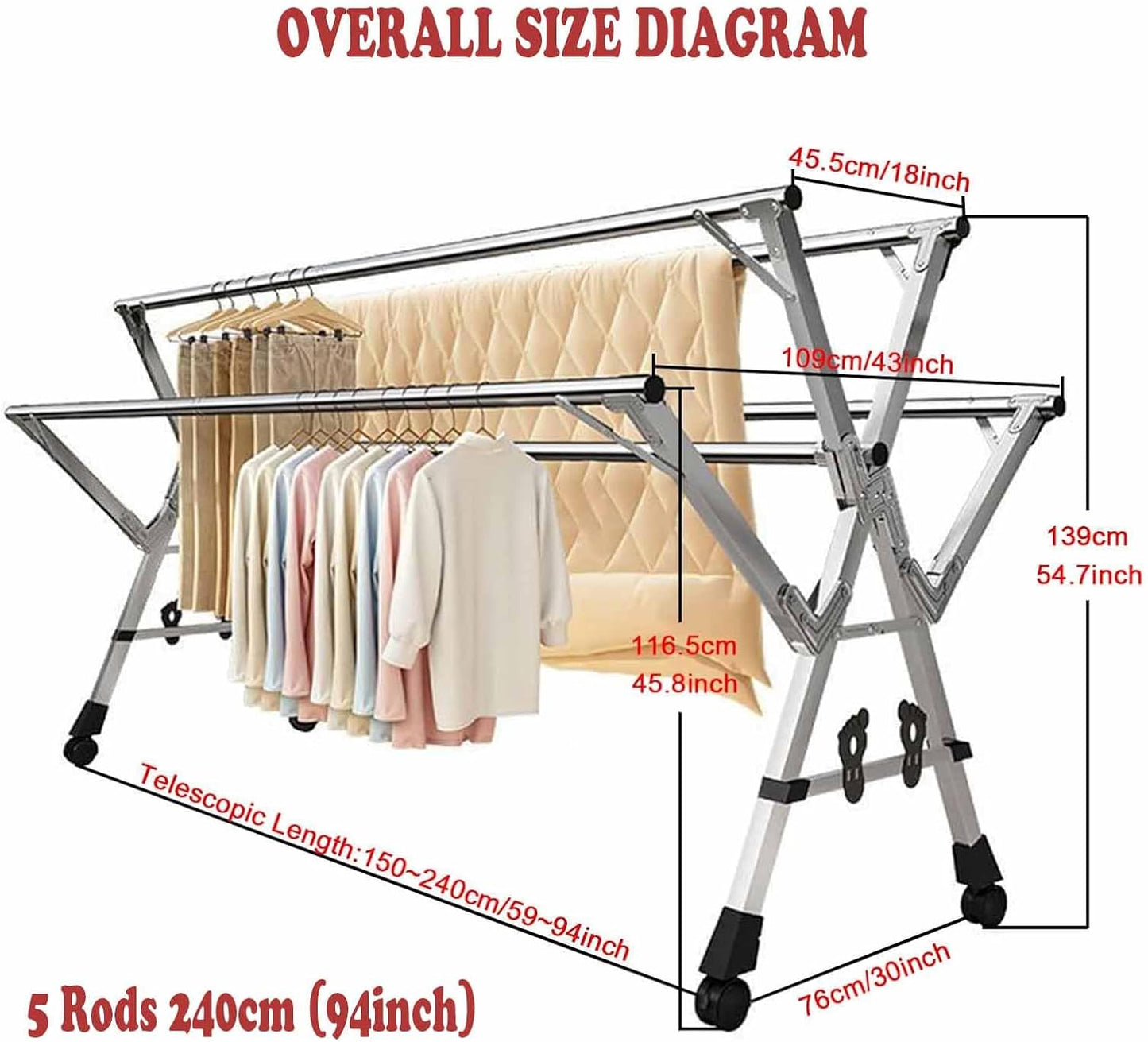 5Poles Clothes Drying Rack,Stainless Steel Laundry Rack with Wheels, Blanket Rack Clothesline, Extendable,with Windproof Hooks,for Indoor Outdoor