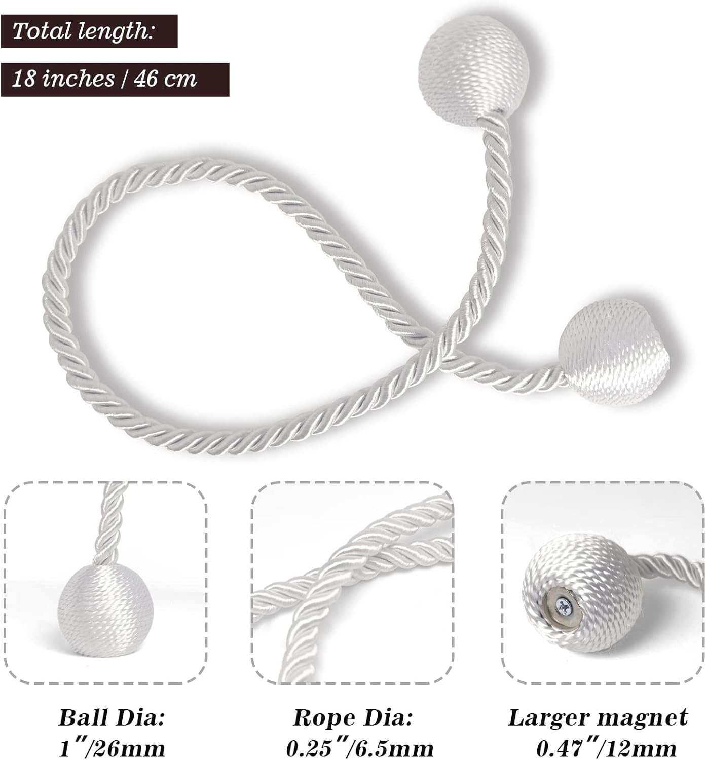 Hion Magnetic Curtain Tiebacks White 6 Pack, Curtain Tiebacks Buckles Holdbacks Holders Hooks Clip for Home Bedroom Office Decorative Thick or Thin Curtain