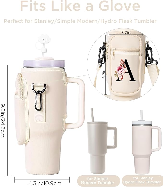 dabria Initial A-Z Water Bottle Bag with Phone Pocket for Stanley 40 oz Tumbler Neoprene Water Bottle Holder Pouch with Adjustable Strap Bollus with Straw Cover & Carabiner for Stanley Cup Accessories