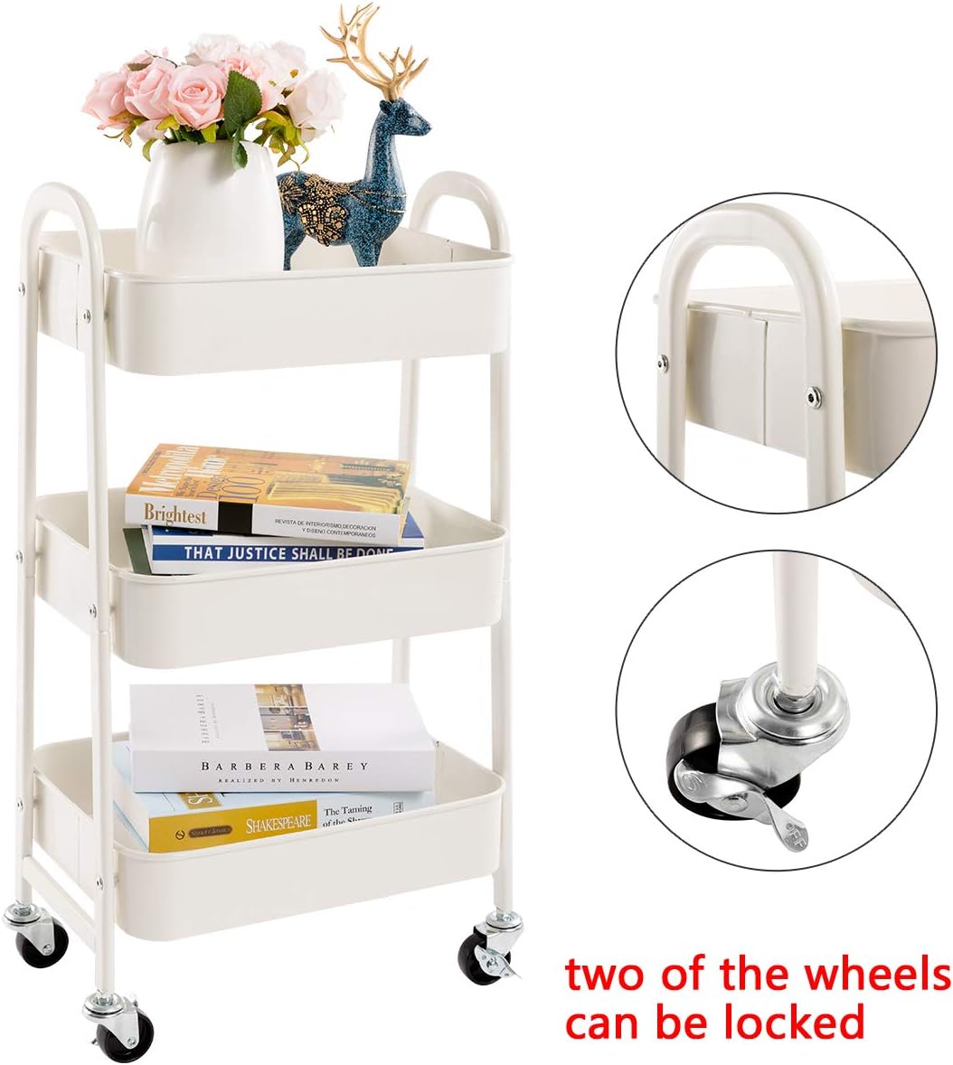 AGTEK Makeup Cart, Movable Rolling Organizer Cart, White 3 Tier Metal Utility Cart