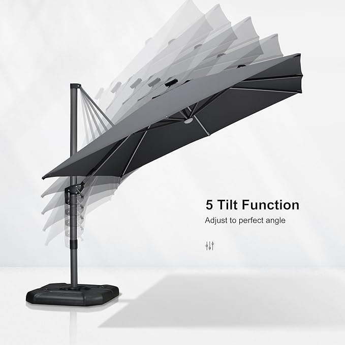 PURPLE LEAF 10 Feet Patio Umbrella with Base Outdoor Cantilever Solar Powered LED Square Umbrella Aluminum Offset Umbrella with 360-degree Rotation for Garden Deck Pool Patio Light Grey