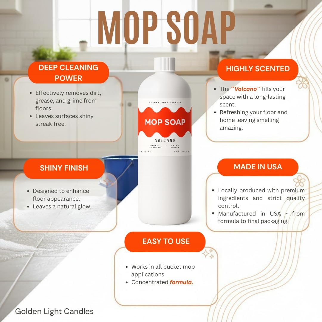 Mop Soap – Highly Scented Luxury Floor Cleaner Concentrate – Volcano Scent, Leaves Floors Shiny Without Any Residue – Multi-Surface Floor Mopping Solution, Made in USA, 32 oz