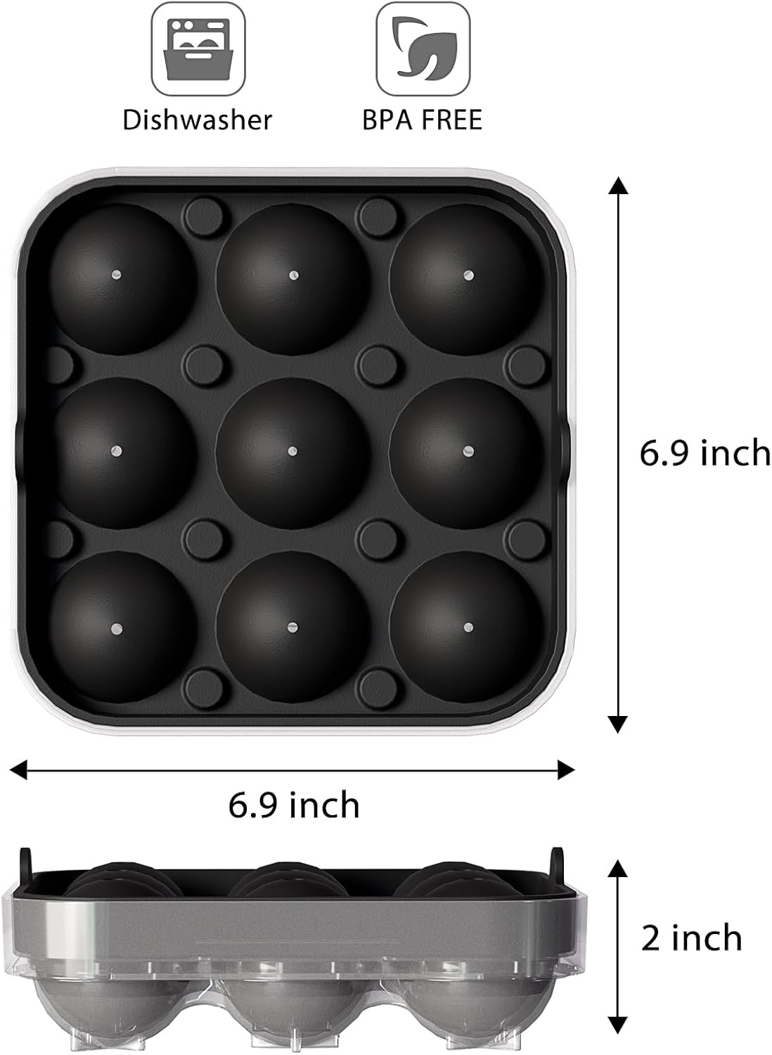 Wanderworld Ice Tray Combo, Silicone Reusable 2 inch Big Ice Freezer Mold, 9 Cubes& 9 Sphere Ice Maker tray with lid for Whiskey, 2 pack.