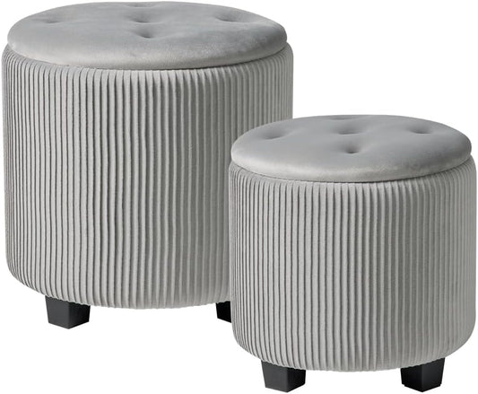 Big Round Ottoman with Storage Set of 2,Upholstered Velvet Vanity Stool for Makeup Multifunctional Foot Rest Coffee Table Padded Seat Tufted Ottomans for Living Room&Bedroom (Grey)