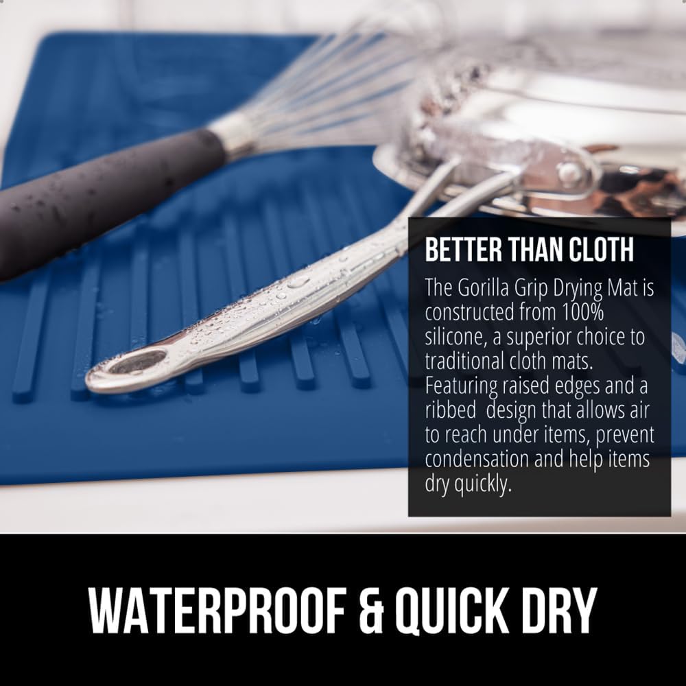 GORILLA GRIP 100% BPA-Free Patented Silicone Dish Drying Mat for Kitchen Counter, Water Catching Ribbed Design, Easy Clean Waterproof Sink Liner, Heat Resistant, Fits Under Rack, 13x11 Inch, Blue