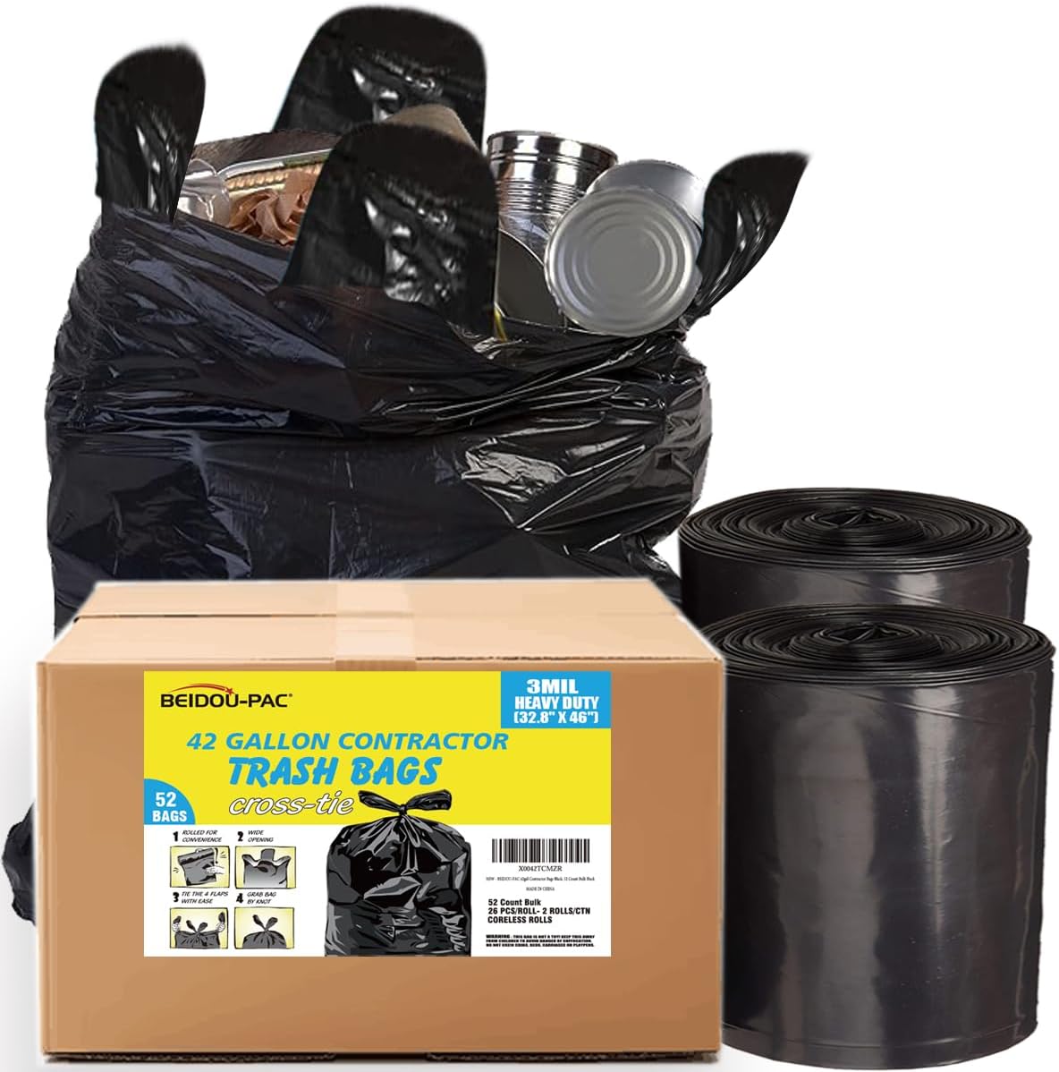 Contractor Heavy Duty Trash Bags 42 Gallon | 52 Count | 3 MIL | 32.8" X 46" | Large Black Flap Tie Construction Garbage Bags for Business Home Commercial, Industrial, Storage, Outdoor