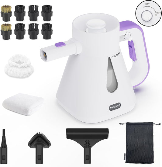 Steam Cleaner Handheld: 1200W Fast 10-Sec Heat-Up-750mL (25oz) Tank-No Cooling-Refill Anytime-Lockable Steam Trigger-14-Piece Kit Hand Held Steamer for Home Car Grout Tile Cleaning White