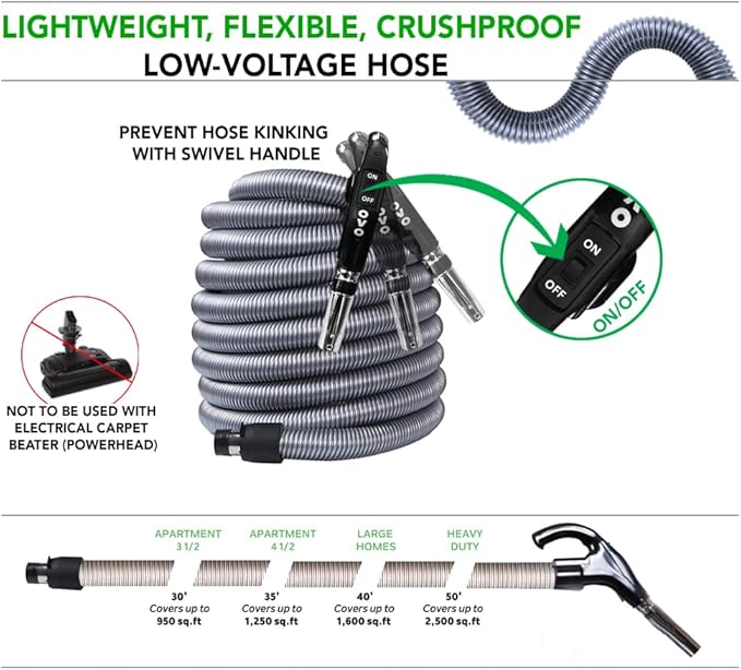 OVO Central Vacuum Deluxe Accessory Kit, 50ft ON/Off Switch Control Low-Voltage Hose, 12’’ Premium Floor Brush, Cleaning Tools and Easy Storage Accessories, for Hard Surfaces