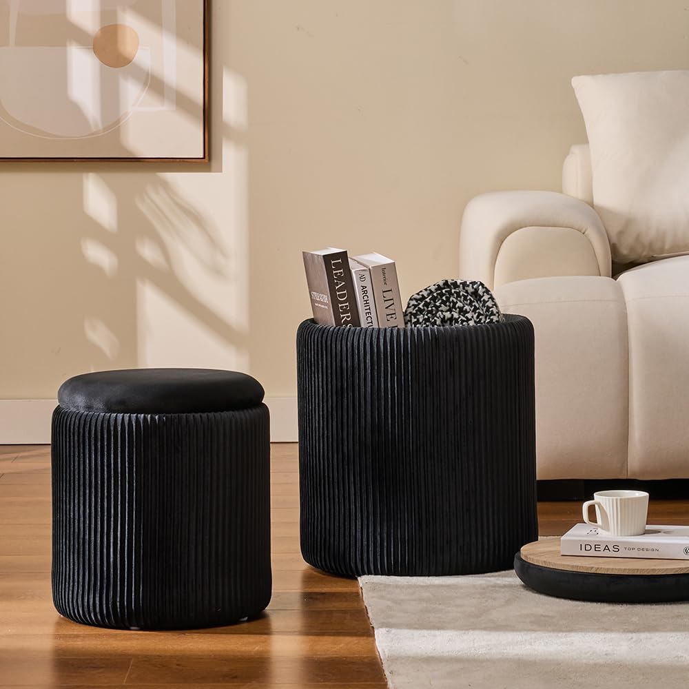 Round Set of 2 Ottoman with Storage-Upholstered Velvet Vanity Stool for Makeup Multifunctional Ottomans Coffee Table Padded Seat Foot Rest for Living Room&Bedroom (Black)