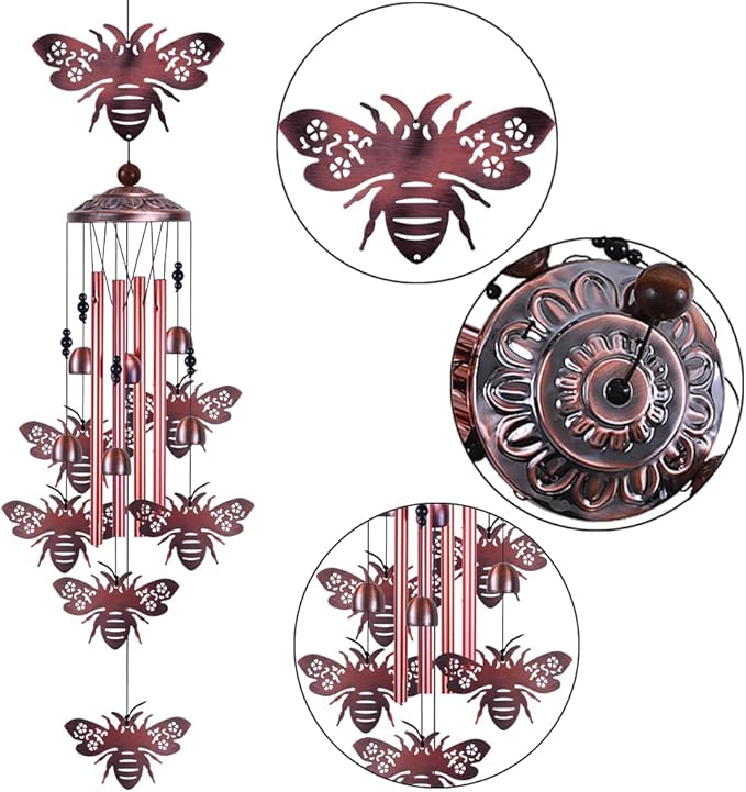 Outdoor Bee Wind Chimes Gifts for Mom - with 4 Tubes 6 Bells 7 Bees Wind Bells, Mobile Wind Catcher, Romantic Bee Decor, Bee Bells, Bees Windchimes for Home, Balcony, Tree, Festival, Garden Decoration