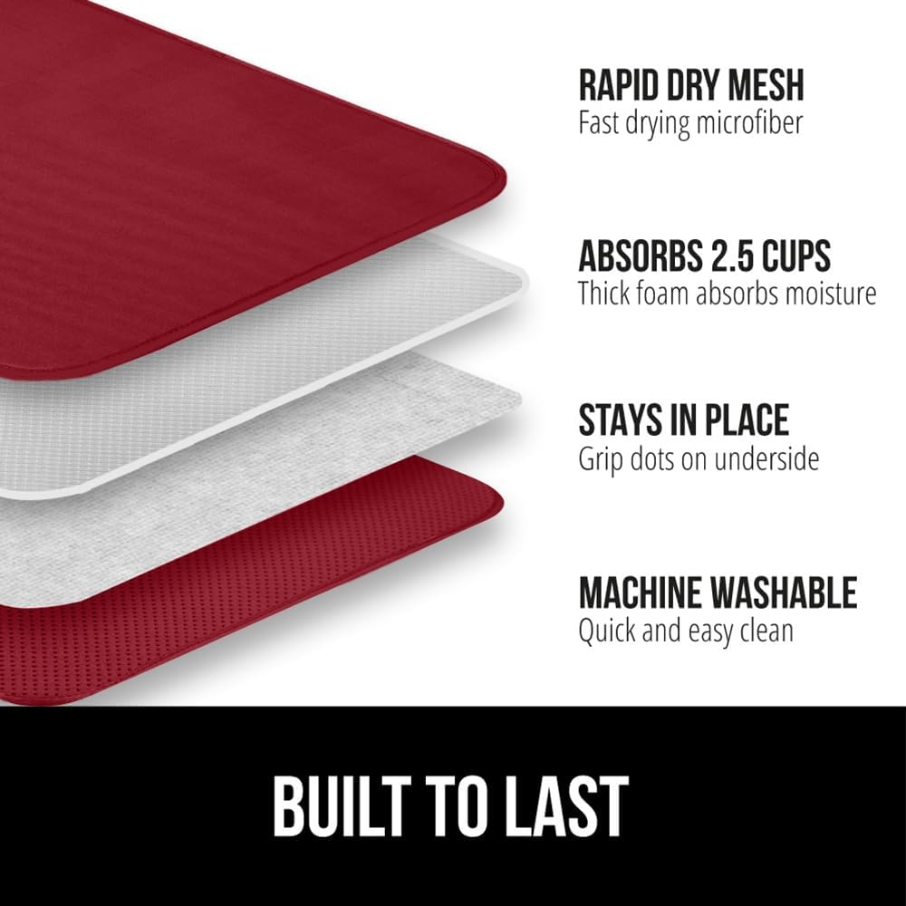 GORILLA GRIP Ultra Water Absorbent Microfiber Dish Drying Mat, 18x24, Quick Dry Thick Mesh, Slip Resistant Pad for Sink Dishes or Under Rack, Kitchen Counter Accessories, Machine Wash, 2 Pack Red